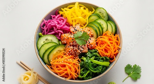 Vibrant Salmon Poke Bowl Packed with Fresh Vegetables and Delicious Toppings