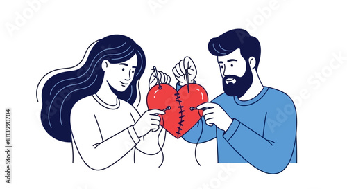 Couple sewing a broken heart together, mending relationship concept.