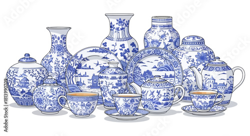 An illustrated collection of classic blue and white porcelain tableware, including vases, plates, teapots, and cups with landscape patterns.