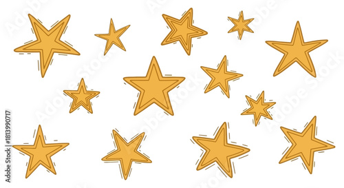 A collection of hand-drawn golden stars of various sizes scattered on a white background, featuring a rustic, sketchy texture.