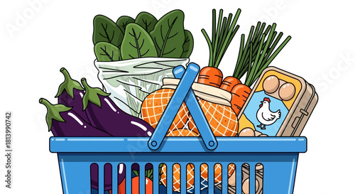 Blue shopping basket filled with fresh produce: eggplants, spinach, carrots, eggs, and oranges.