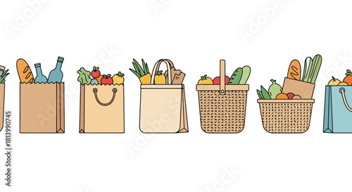 A collection of various reusable shopping bags and baskets filled with groceries and produce.
