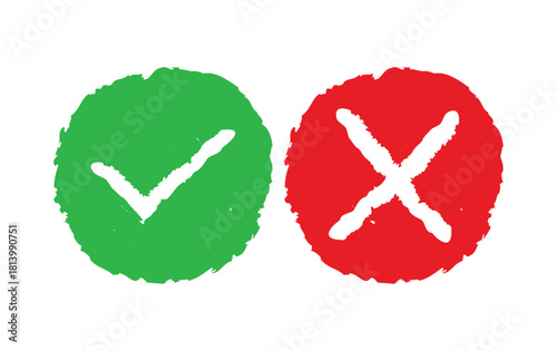 Green check mark and red x mark, representing yes and no, right and wrong, or true and false, isolated on a visual representation of choice and decisionmaking
