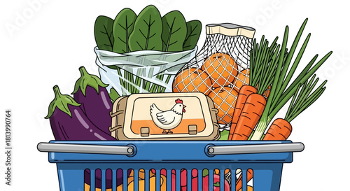 A blue basket overflowing with fresh produce, including vegetables, eggs, and oranges, ready for cooking.
