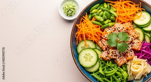 Colorful and nutritious Hawaiian poke bowl featuring fresh salmon, crisp vegetables, and zesty sauces, an ideal choice for a light and healthy lunch