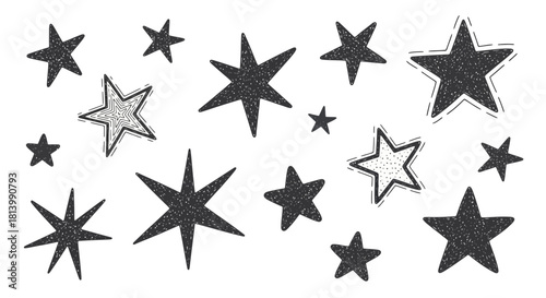 Collection of various hand-drawn sparkling stars and abstract geometric shapes on a white background, perfect for festive decorations and creative designs