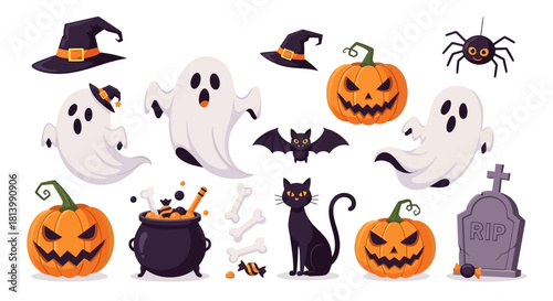 A collection of Halloween-themed illustrations featuring pumpkins, ghosts, witches' hats, a black cat, a cauldron, a tombstone, and a spider.