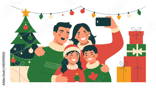 Festive Family Portrait: A cheerful family gathers in front of a Christmas tree, radiating warmth and togetherness while capturing a joyful selfie.