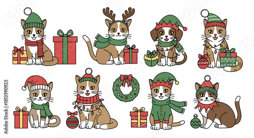 Festive illustration of cats and a dog dressed for Christmas with gifts and decorations.