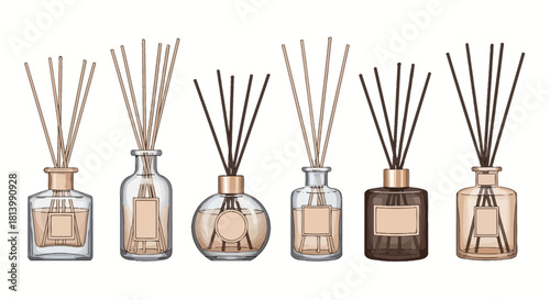 A collection of six glass reed diffusers with various bottle shapes and colored liquids.