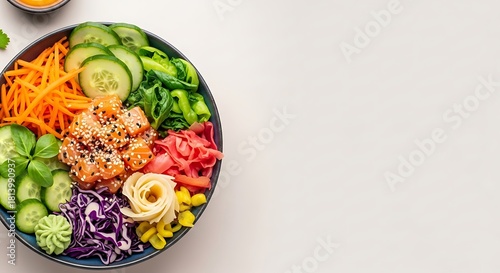 Colorful Poke Bowl with Salmon, Vegetables, and Pickled Ginger - A Delicious and Healthy Meal
