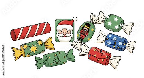A festive assortment of colorful Christmas crackers, candy, and a Santa Claus tag illustration.