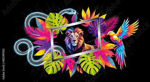 Dynamic Digital Artwork Featuring a Regal Lion Portrait Within a Sleek Frame, Embellished with Luminous Tropical Flora and Exotic Wildlife Elements
