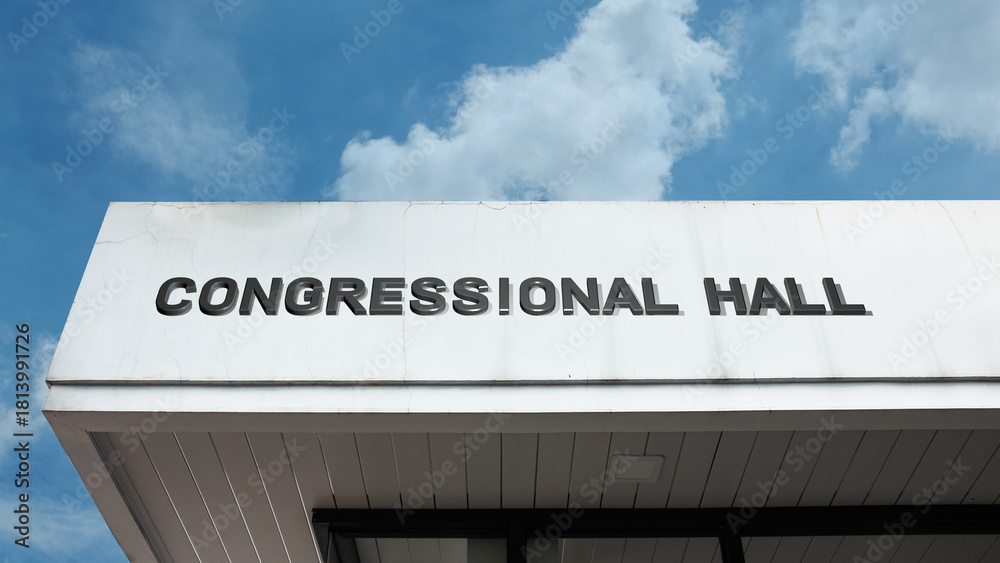 Obraz premium Congressional Hall word sign displayed on a building under a clear blue sky, representing government, legislation, political meetings, public administration, and civic facilities