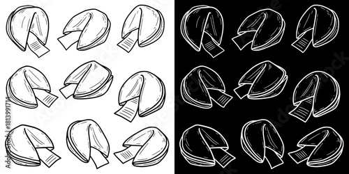 Fortune cookies illustrated, isolated vector image, two versions on transparent and black backgrounds, pencil drawing, chalk drawing
