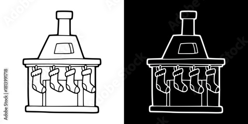Fireplace with Christmas stockings, isolated vector image, two versions on transparent and black backgrounds, pencil drawing, chalk drawing
