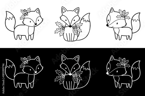 Cute cartoon foxes with holly decorations, seamless border, isolated vector image, two versions on transparent and black backgrounds, pencil drawing, chalk drawing