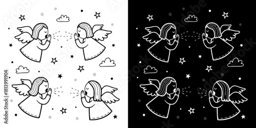 Four angels whispering to each other in starry skies on graphic background, isolated vector image, two versions on transparent and black backgrounds, pencil drawing, chalk drawing
  