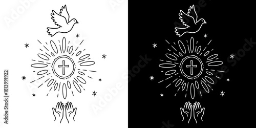 Dove flying above hands and cross with rays, symbolizing Heavenly glow of peace, isolated vector image, two versions on transparent and black backgrounds, pencil drawing, chalk drawing
  