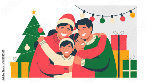 Christmas Family: A loving family embraces, celebrating the festive season with a decorated tree and gift-filled scene. Capturing warmth, joy, and the essence of the holiday spirit.