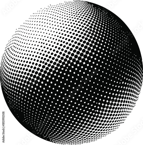 Abstract black and sphere rendered with a halftone dot pattern creating a sense of threedimensional depth and texture