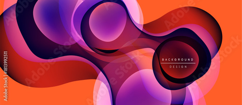 Abstract fluid shapes overlap, creating vibrant orange, purple, red gradients. Modern design evokes movement, depth, energy. Background features text.