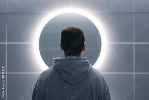 Person stands in a sleek bathroom, reflecting on skin issues and self-esteem concerns