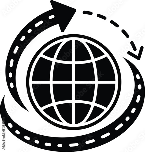 Black and icon representing global logistics and worldwide shipping routes circling a stylized earth globeglobe, world, earth, symbol, logistics, shipping, transport, delivery, route, travel, internat