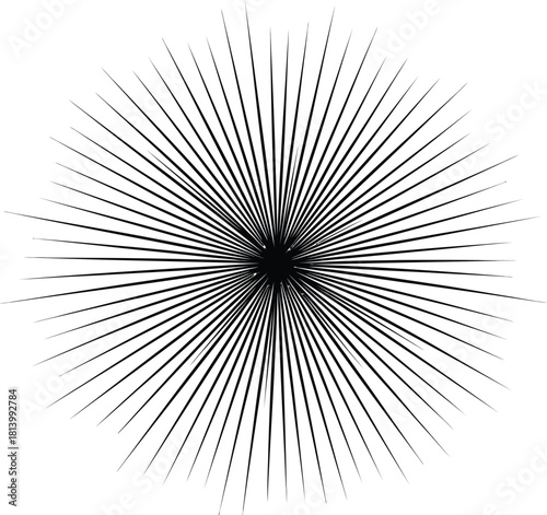 Abstract black and radial burst design featuring numerous thin, straight lines emanating from a central dark point
