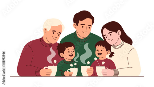 Cozy Family Bonding: An heartwarming illustration showcases a multigenerational family, gathered together, enjoying hot beverages, exuding warmth and togetherness.
