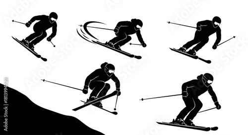 Skier Silhouette Vector Showing Slope Sequence — Start, Carve Turn, Mid‑Air Jump, Landing

