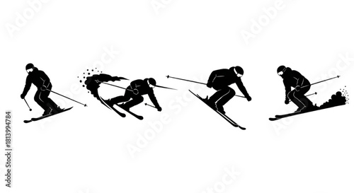 Skier Silhouette Vector Showing Slope Sequence — Start, Carve Turn, Mid‑Air Jump, Landing

