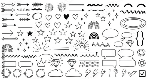 Collection of hand drawn black and white doodle elements and icons arrow heart