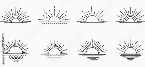 Eight minimalist black line art sunburst icons over horizon lines sunrise sunset