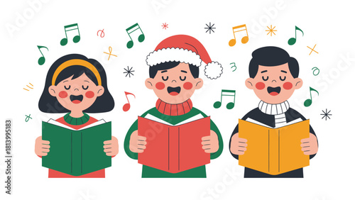 Christmas Carolers: Three young carolers, filled with holiday spirit, sing joyously from their songbooks, surrounded by musical notes and festive cheer. 