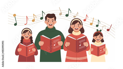 Harmonious Carolers: A family joyfully sings carols together, each holding a songbook, their voices intertwining amidst musical notes, celebrating togetherness and the spirit of the season.