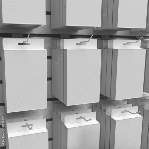 Close-up view of hanging product packaging mock up displayed on retail slatwall hooks. Retail shelf system with hanging packaging for store merchandising. 3D Render Illustration.