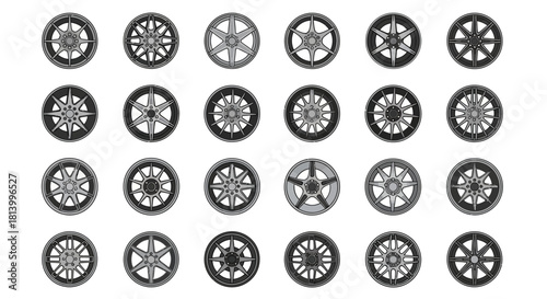 24 car wheel rims arranged in a 4x6 grid showcasing different spoke designs against a white background