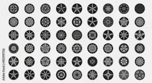 Pixelated array of 49 car wheel rims showcasing various spoke designs and shades of gray against a light gray background