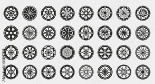 A grid of 32 outlined stylized car wheels arranged in four rows