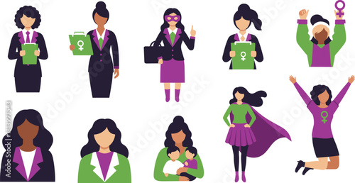Diverse group of empowered women in professional and superhero attire