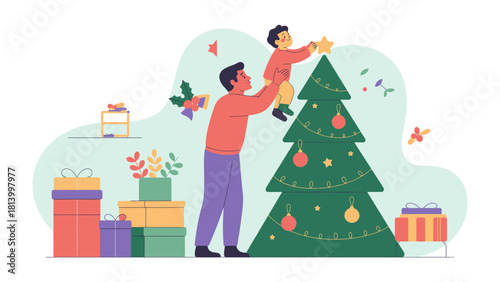 Holiday Harmony: A tender moment as a father and child decorate the tree, symbolizing togetherness and the magic of the holiday season.