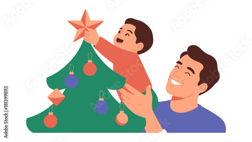 Festive Tree Adornment: A heartwarming moment as a father assists his child in placing a star atop a beautifully decorated Christmas tree, evoking feelings of joy, family bonding and holiday spirit.