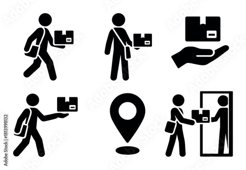 Stick figure icons: delivery, pickup, location, and logistics concepts