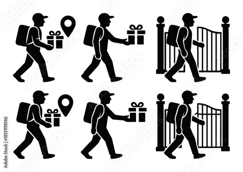 Silhouette of delivery person: gift parcel and location icons