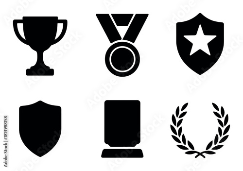 Monochrome trophy medal and shield icons for achievement and recognition