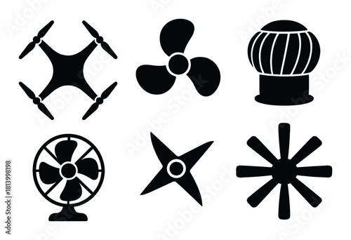 Silhouette set of various fan and ventilator icons on dark background