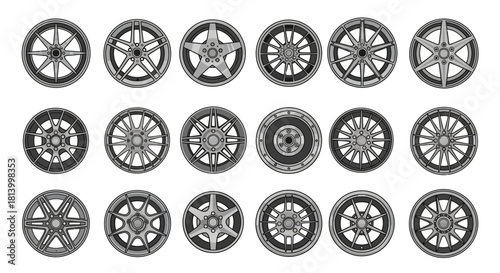 21 car rims in a grid each a unique style grayscale