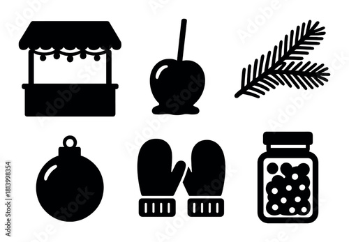 Silhouette icons of holiday market items including candy apple and mittens