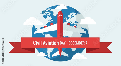 International Civil Aviation Day December 7th Airplane Travel Globe Illustration